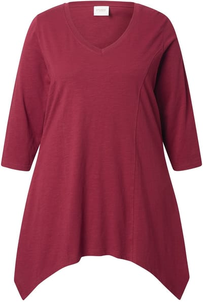 Ulla Popken - Dames - shirt puntzoom V-hals 3/4-mouwen biologisch katoen - Donker kersenrood - Maat 42+