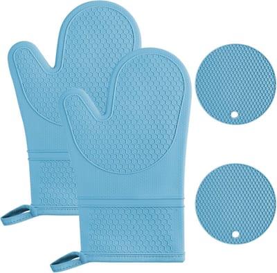 AUAUY Ovenwanten en pannenlappen, ovenwanten van siliconen, waterdicht, 446 °F antislip, hittebestendige handschoenen - ShopVlot