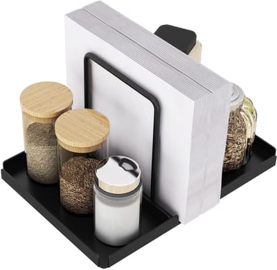 Servethouder voor Tafel, Zwart Metalen Servethouder met Zout & Peper Shaker Caddy Staande Papier Servet Dispenser voor Keukendecor