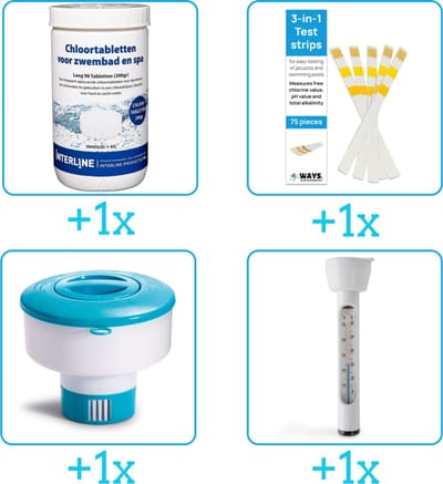 Zwembad Onderhoudspakket - Onderhoud Zwembad - bevat Chloor - Testrips - Chloordrijver en Thermometer (4-delig)