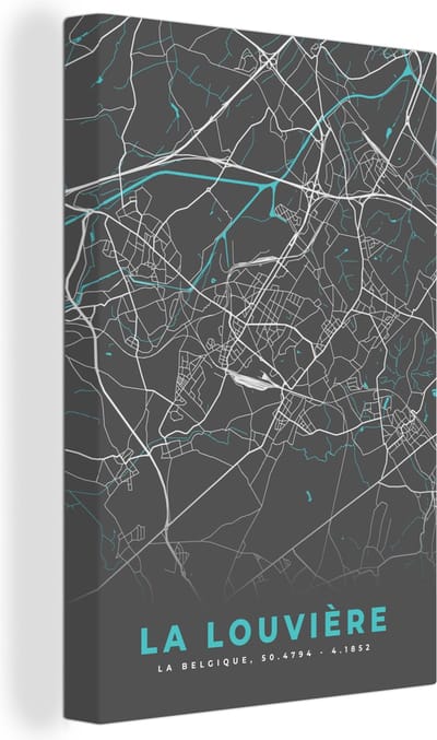 Canvas Schilderij Plattegrond – La Louvière – Blauw – Stadskaart - Kaart - 20x30 cm - Wanddecoratie