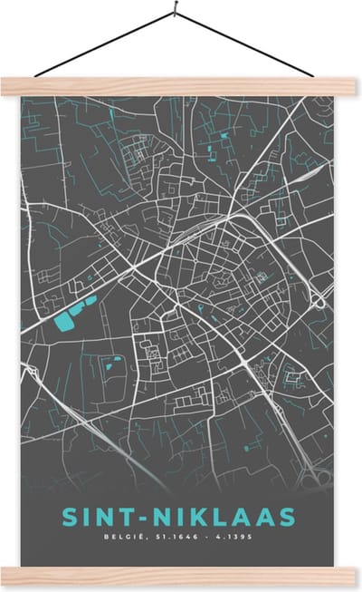 Posterhanger incl. Poster 40x60 cm - Schoolplaat - België – Sint Niklaas – Stadskaart – Kaart – Blauw – Plattegrond - Textielposter - Blanke latten - Stadskaart
