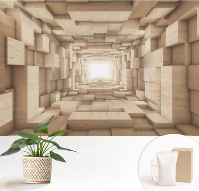 Wallfluent Behang - Houten tunnel Vliesbehang - 152x104 cm - Beige Behang - Voor natuur- en kunstliefhebbers - Behang Voor de slaapkamer, woonkamer en badkamer - Wanddecoratie Architectuur