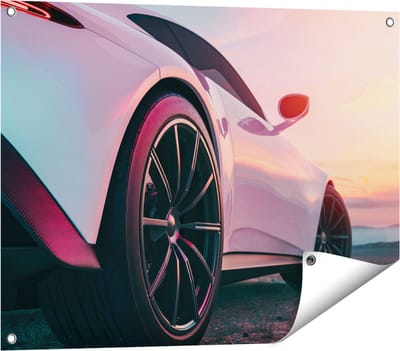 Gards Tuinposter Witte Sportwagen Auto - 80x60 cm - Tuindoek - Tuindecoratie - Wanddecoratie buiten - Tuinschilderij