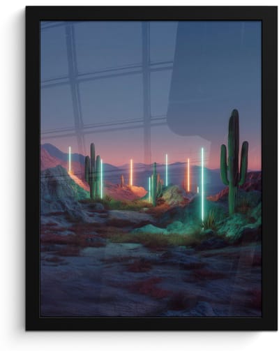 Poster in lijst - Fotolijst 30x40 cm - Posters - Cactus - Lichtzuilen - Zonsondergang - Posterlijst zwart - Decoratie - Wanddecoratie woonkamer - Muurdecoratie slaapkamer