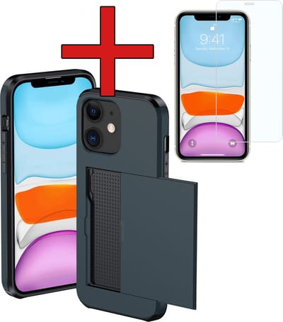 Hoesje Geschikt voor iPhone 11 Hoesje Met Pasjeshouder Hard Case Met Kaarthouder Met Screenprotector - Hoes Geschikt voor iPhone 11 Hoesje Pashouder Case - Donkerblauw