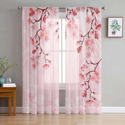 Vlinder Bloemknop Tak Petal Cirkel Slaapkamer Transparante Dunne Gordijnen Vakantiedecoratie Raam Voile Tule Gordijn 135W x 114H(cm) white