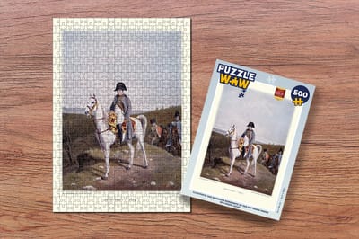 Puzzel Illustratie van Napoleon Bonaparte op een wit paard onder een grijze lucht - Legpuzzel - Puzzel 500 stukjes