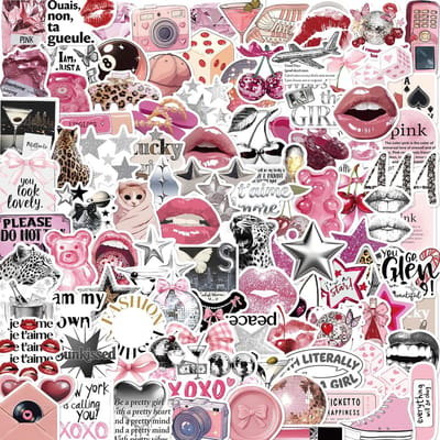 Thijox - Y2K Stickers voor Meisjes, 100 Unieke Roze Esthetische Stickers, Waterdichte Vinylstickers voor Drinkfles, Laptop, Plakboek, Retro Popcultuur
