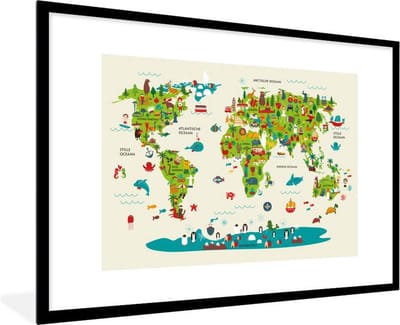 Wereldkaart Kinderen - Groen - Dieren - Schoolplaat - Kinderkamer - 120x80 cm