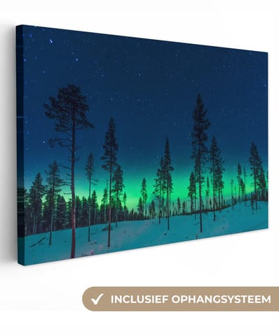 Canvas schilderij 90x60 cm - Wanddecoratie Noorderlicht - Sneeuw - Bomen - Natuur - Groen - Muurdecoratie woonkamer - Slaapkamer decoratie - Kamer accessoires - Schilderijen op canvas