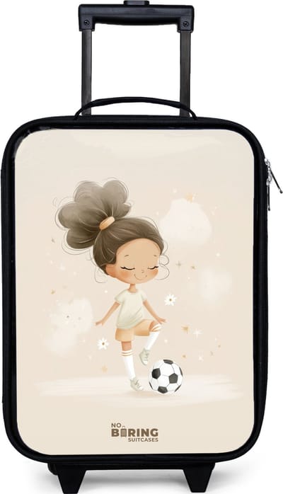 NoBoringSuitcases.com® - Kinderkoffer jongen - Kindertrolley meisje - Meisje met een voetbal in beige kleuren - Koffer kind lichtgewicht - Reiskoffer trolley voor kinderen - Koffertje met lichtgevende wieltjes - Rolkoffer zwart