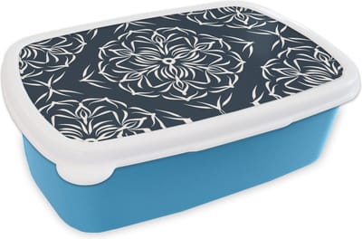 Broodtrommel Blauw - Lunchbox - Brooddoos - Patroon - Bloem - Donkerblauw - 18x12x6 cm - Kinderen - Jongen