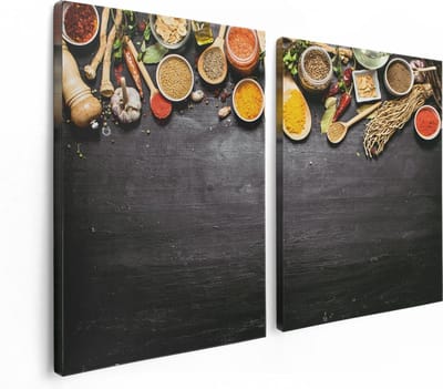 Artaza Canvas Schilderij Tweeluik Indiase Kruiden Op Een Zwarte Tafel - 120x80 - Foto Op Canvas - Canvas Print