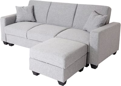 Sofa MCW-H47 met voetenbank, slaapbank logeerbed, slaapfunctie opbergruimte 217x145cm ~ stof/textiel lichtgrijs
