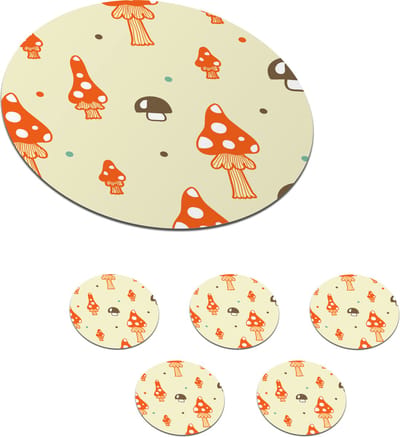 Onderzetters voor glazen - Rond - Patronen - Paddestoel - Oranje - 10x10 cm - Glasonderzetters - 6 stuks