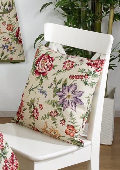 Kussenhoes - luxe gobelinstof - Amara - Rode en Paarse bloemen op een creme achtergrond - 45 x 45 cm