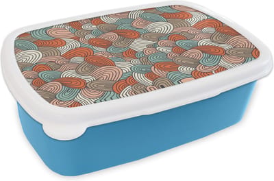 Broodtrommel Blauw - Lunchbox - Brooddoos - Boho - Patroon - Line art - Abstract - 18x12x6 cm - Kinderen - Jongen