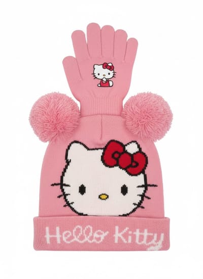 Hello Kitty Kinder Winterset – Muts met Pompons & Handschoenen – Roze – Warm & Zacht – One Size – Meisjes – Officiële Hello Kitty Merchandise