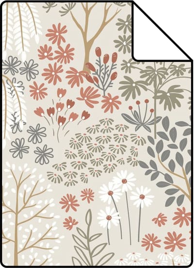 Proefstaal ESTAhome behang bomen en bloemen vergrijsd groen en terracotta - 26.5 x 21 cm - 131187-S