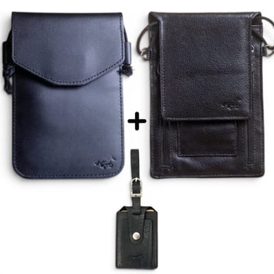 Safekeepers Luxe 3-Delige Reisset – 2x Leren Nektasjes en 1x Privacy Bagagelabel – Echt Leer – Zwart