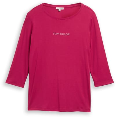 Tom Tailor - Plus Size - Slim fit shirt met lange mouwen en glitterlogo - Maat 46 - dark pink