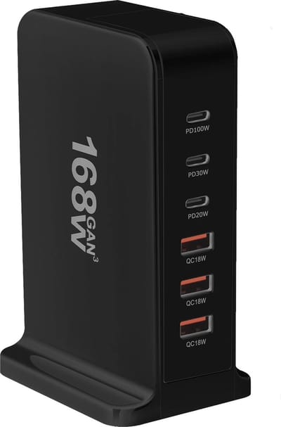 DrPhone GaNForce - 168W - 6 Poort Laadstation – Desktop Oplader - 1x PD 100W USB-C – 1x 30W+20W Type-C USB + 3x USB 18W - GaN3 technologie - Zwart
