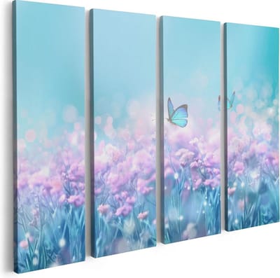 Artaza Canvas Schilderij Vierluik Twee Blauwe Vlinders Bij Roze Bloemen - 80x60 - Foto Op Canvas - Canvas Print