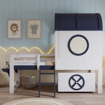 MODFU Kinderstapelbed 90x200 cm – 203,5x131,5x200 cm – Halfhoog met baldakijn & raam – Lade op wieltjes – Wit/donkerblauw
