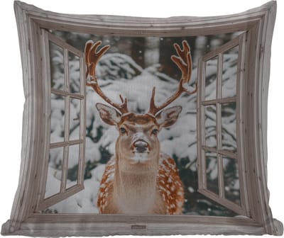 Tuinkussen - Doorkijk - Hert - Sneeuw - Winter - Bos - Dieren - Natuur - 40x40 cm - Weerbestendig