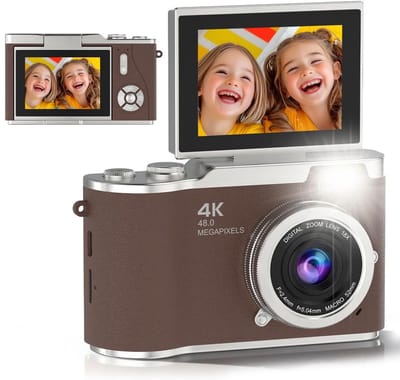 Digitale camera - 4K Digitale Camera 48MP met Flip Screen – Selfiecamera met 8x Zoom + 32GB Geheugenkaart - met 2,4 inch HD-kantelscherm, ingebouwd LED-invullicht - Vlogcamera - digitale camera kinderen - voor tieners en studenten (Bruin)