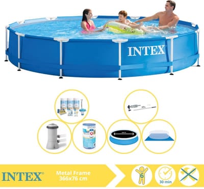 Intex Rond Frame Zwembad - 366 x 76 cm - Blauw - Inclusief Solarzeil - Onderhoudspakket - Zwembadfilterpomp - Filter - Grondzeil - Stofzuiger - 7-delig