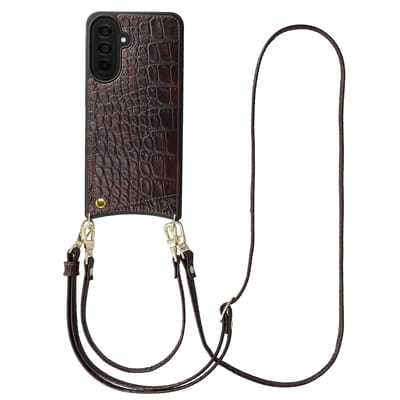 Selencia Hoesje - Geschikt voor Samsung Galaxy A37 (5G) - Croco Backcover met koord en pashouder - Choco Brown