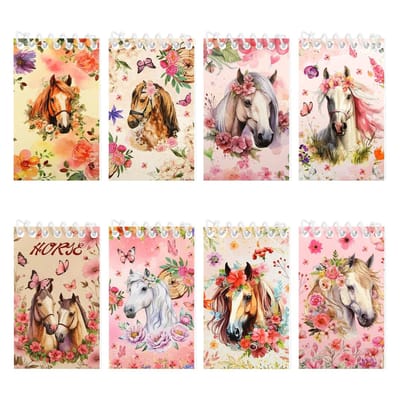 Dailygoods- Notitieboek Spiraalvormig 8 Stuks - Bloemen/Paardenpatronen - Draadgebonden - Hardcover - Bureauaccessoire - 360° Plat - Notitieblok