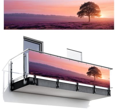 Balkonscherm 300x80 cm - Balkonposter Boom - Heide - Zonsopgang - Balkon scherm decoratie - Balkonschermen - Balkondoek zonnescherm