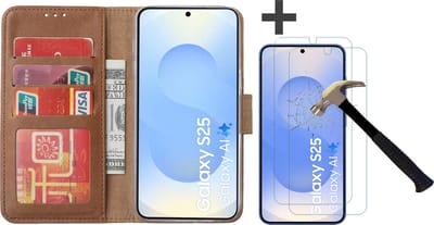 Hoesje met 2 Stuks Screenprotectors Geschikt voor Samsung Galaxy S25 – Arara bookcase met pasjeshouder - Bruin