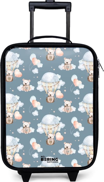 NoBoringSuitcases.com® - Kinderkoffer jongen - Kindertrolley meisje - Beertjes in luchtballonnen tussen wolken en ballonnen - Koffer kind lichtgewicht - Reiskoffer trolley voor kinderen - Koffertje met lichtgevende wieltjes - Rolkoffer zwart