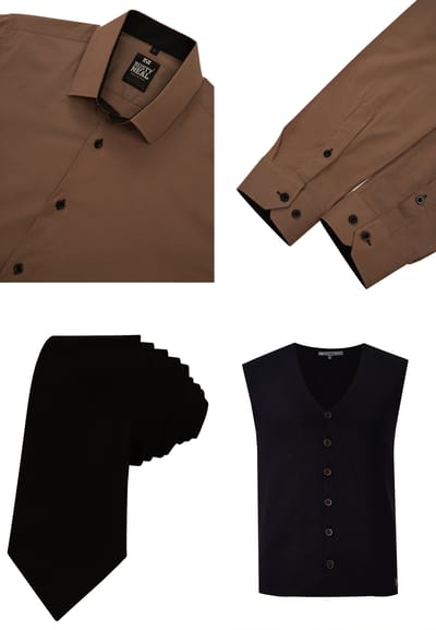 Driedelig pak met overhemd, vest en stropdas