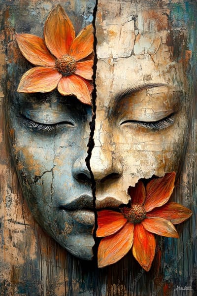 John Joseb Art (Aluminium) 80x120 | Vrouw, gezicht met bloemen, gebroken, gecraqueleerd, abstract, grunge stijl, portret, kunst | mens, rood, goud, blauw, modern | foto-schilderij op dibond, metaal wanddecoratie