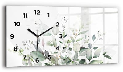Wallfluent Wandklok - Plantenbladeren Klok met Print - 60 cm x 30 cm - Groente Wandklok - Zwarte Handen - Wandklok Met Cijfers - Kinder Wandklok Glas - Rechthoekige Glazen Wandklok - Scandinavisch Wandklok - Klok met Print