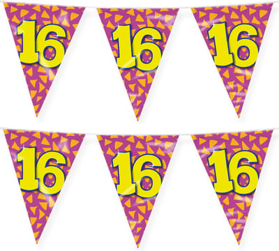 Paperdreams verjaardag 16 jaar thema vlaggetjes - 2x - feestversiering - 10m - folie - dubbelzijdig