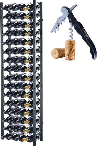Lendo Online Wijnrek voor 64 flessen 45x20x160cm (LxBxH) Wijnkast - Wijnfleshouder - Wijnopslag met kurkentrekker Zwart Poedercoating Metaal Staal Flessenrek Industriële stijl