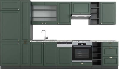 Vicco Fame-Line Complete keukeneenheid – 355 cm, WB Marmer Groen-Goud Landhuis/Antraciet