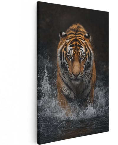 Artaza Canvas Schilderij Tijger In Water - Dieren - Zwart Oranje - 60x90 cm - Wanddecoratie Woonkamer - Schilderijen - Muurdecoratie
