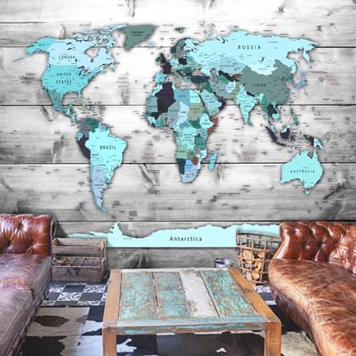 200cm X 140cm - Fotobehang - Wereldkaart blauwe continenten, premium print vliesbehang, 5 maten, geen behangtafel nodig, eenvoudig aan te brengen, instructies bijgevoegd