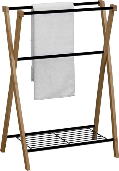 Tendance Handdoeken ophangrek/houder - badkamer - bamboe hout/metaal - 60 x 37 x 80 cm - zwart - 3 stangen