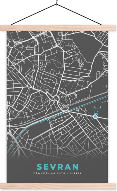 Posterhanger incl. Poster 40x60 cm - Schoolplaat - Sevran - Frankrijk - Plattegrond - Kaart - Stadskaart - Textielposter - Blanke latten - Stadskaart