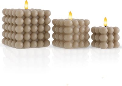 Meisterhome Bubble LED Kaarsen Set van 3 - Beige – Wax Kaarsen met Timer – 12 cm, 9 cm & 7,5 cm – Warm Wit Flikkerend Licht – Veilig & Sfeervol