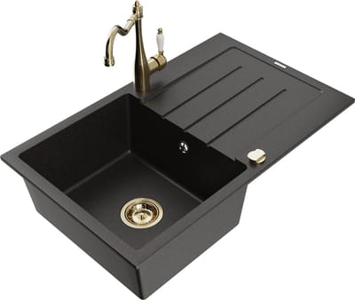 Mexen Bruno granieten spoelbak met 1 bak, afdruiprek en keukenmengkraan Carla, zwart/goud metallic - 6513-75-670700-50