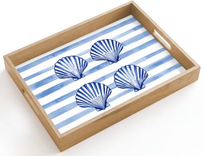 Dienblad hout 40x30 cm - Schootdienblad - Vier schelpen - Blauw - Wit - Strepen - Borrelplank rechthoek - Plateau dienbladen